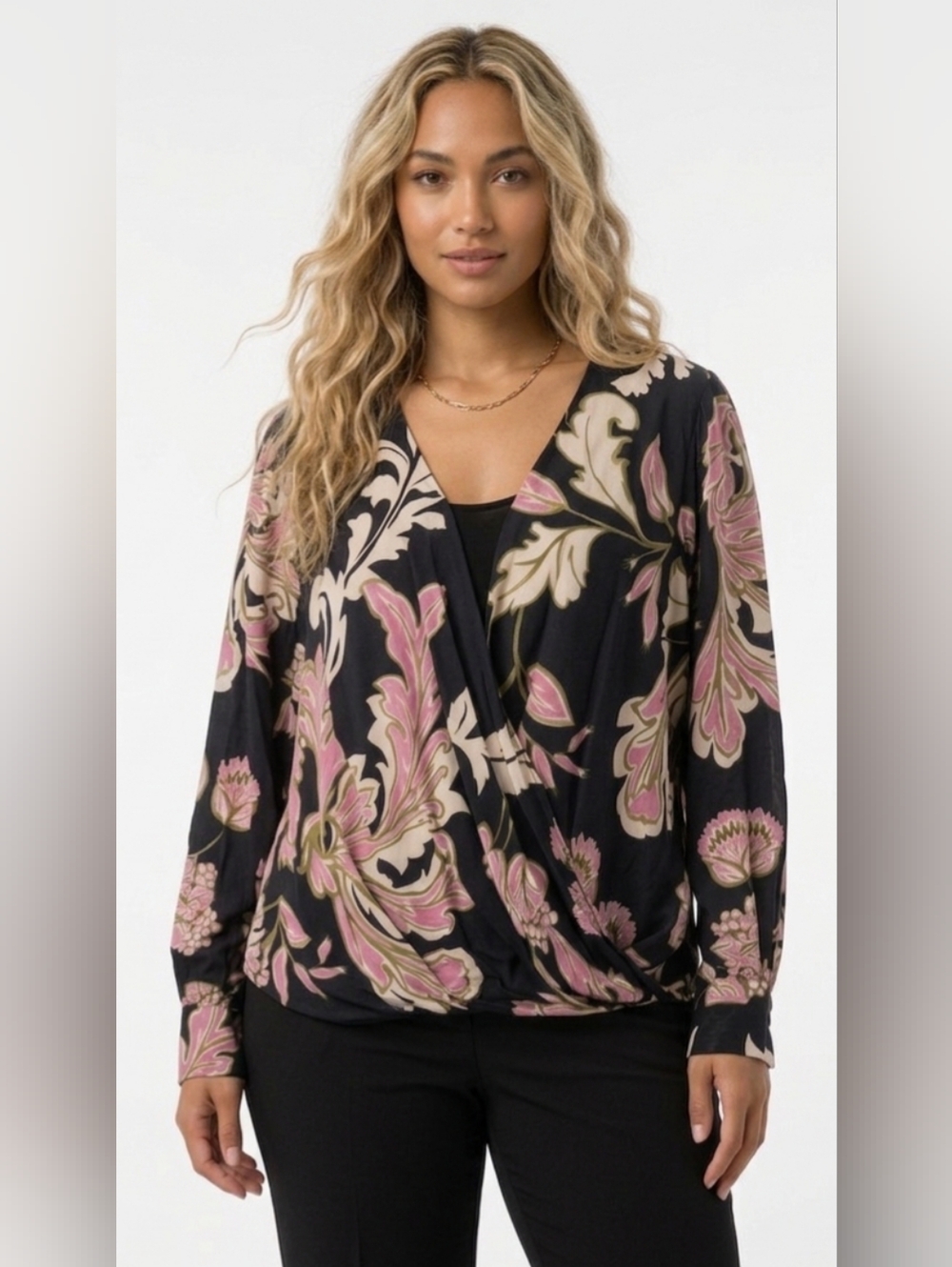 NWT Karen Kane Plus Size Black Floral Drape Front Long-Sleeve Top